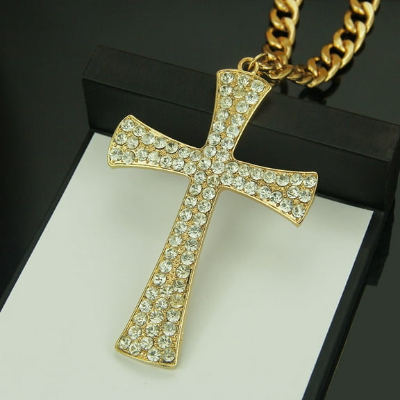 New Cross 14K Yellow Gold Crystal Necklace Cubic Zircon Choker Pendant Religion Jewelry Gift For Party