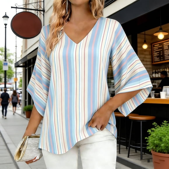 Karight Womens Vertical Striped V Neck Blouses 3/4 Bell Sleeve Casual Loose Fit Lightweight Chiffon Tunic Tops Summer Shirts