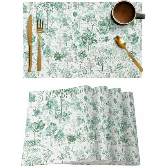 Placemats Set of 6, Cotton Linen Heat Table Mats Non-Slip Washable Spring Green Hand Painted Botanical Leaves Trees Placemat for Holiday Banquet Dining Kitchen Table Decor