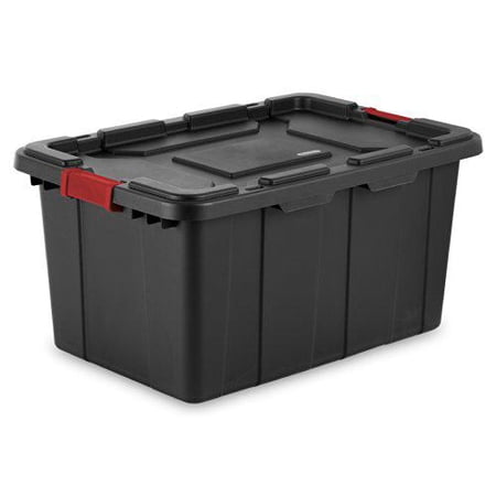 sterilite 14669004 27 gallon/102 liter industrial tote, black lid & base w/ racer red latches, 4-pack