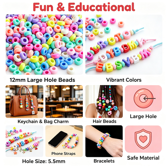 TUWAFE Large Hole Beads Carabiner Bag Charm Beads 200Pcs 12Mm Jumbo Hair Bead Acrylic Big Hole 5.5Mm Macrame Chunky Bead with Large Holes for Keychain Bag Charm