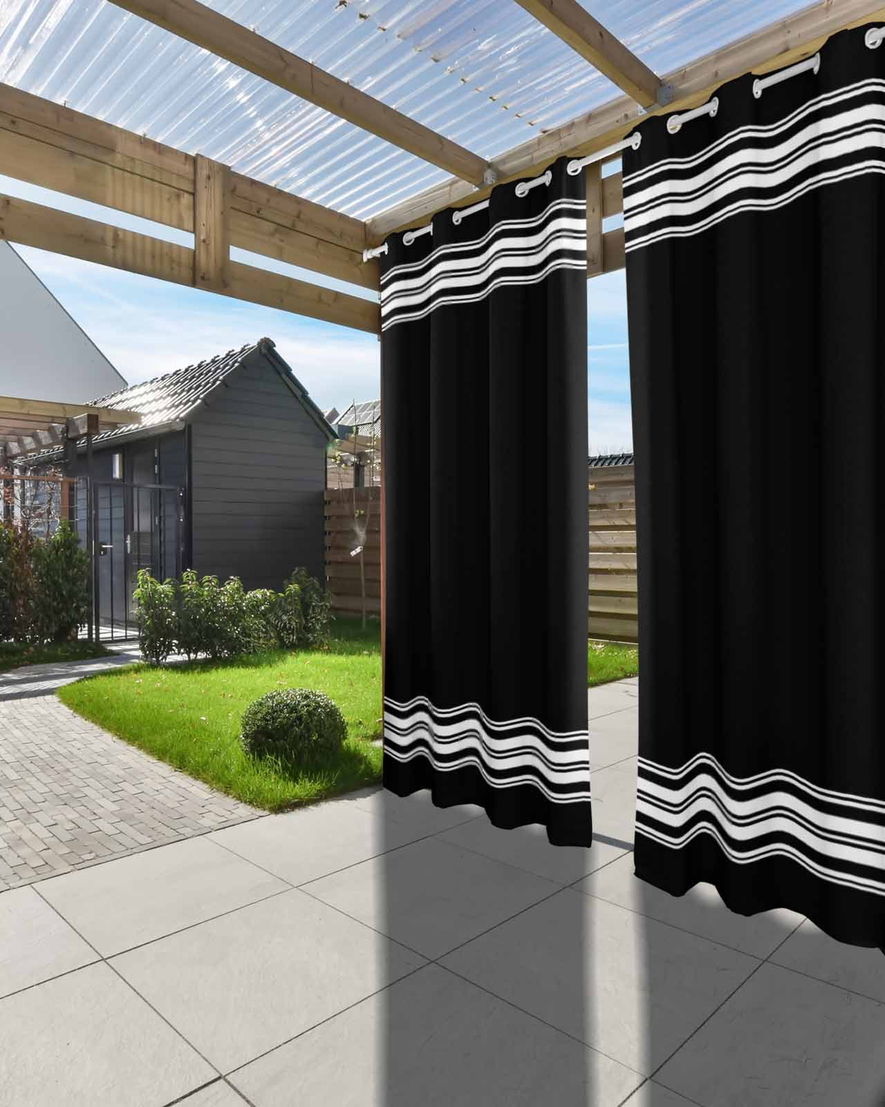 Outdoor Curtains for Patio, Black Striped Waterproof Blackout Outside Curtain for Porch/Pergola/Gazebo, Farmhouse Black White Stripes Thermal Insulated Drapes for Cabana, 2 Panels, 54 x 108 Inch