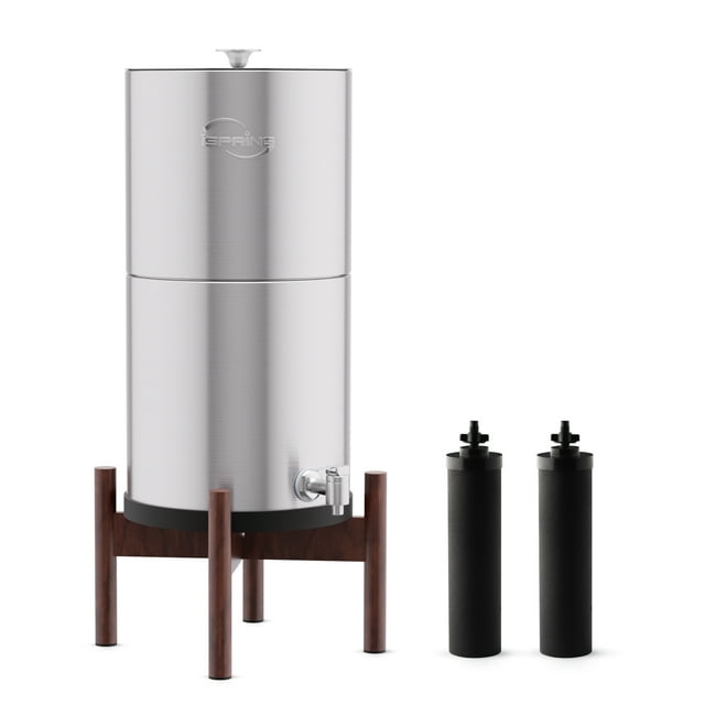 iSpring Système de Filtration d'Eau de Comptoir en Acier Inoxydable à Gravité avec Base en Bois Foncé, 3,17 Gallons avec 2 Filtres à Eau au Charbon Actif, Réduction du Chlore, Filtre à Eau Portable pour la Maison et les Fêtes