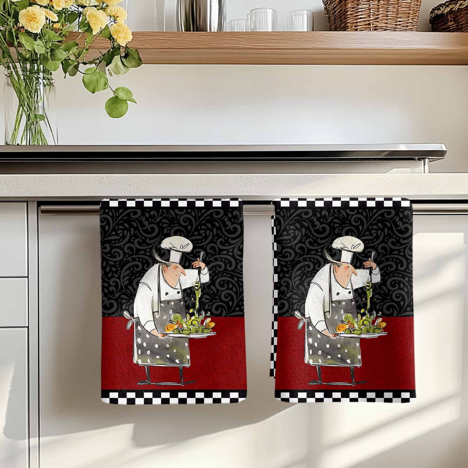 Dish Towels, Cooks Kitchens Absorbent Kitchen Towels 2 PCS, Funny Chef Black Buffalo Plaid Microfiber Hand Towels Dish Cloths Tea Towels for Home&nbsp;Bathroom Cleaning Drying,18X28-Inch,