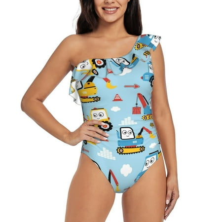 Zufioo Building Truck Print One-shoulder Ruffled One-piece Swimsuit  High Elastic Integrated Removable Chest Pad Swimsuit Suitable for Beach  Pool and Vacation-Medium