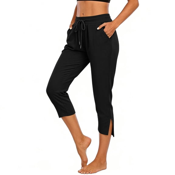 Capri Pants for Women Dressy Drawstring Waist Casual Lightweight Cropped Trousers with Side Pockets Split Hem Comfortable Summer Bottoms