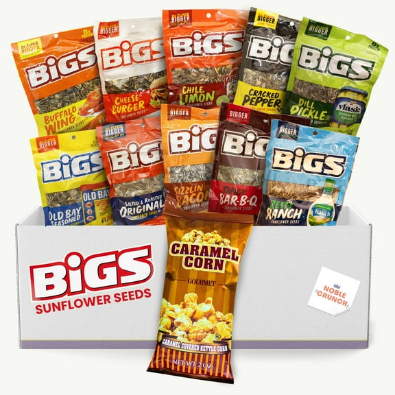 BIGS Sunflower Seeds Variety Pack - Ranch, BBQ, Bacon, Salted, Old Bay, Dill Pickle, Cracked Pepper, Chili Limon, Cheese Burger, Buffalo Wings - Caramel Popcorn - 11 Items