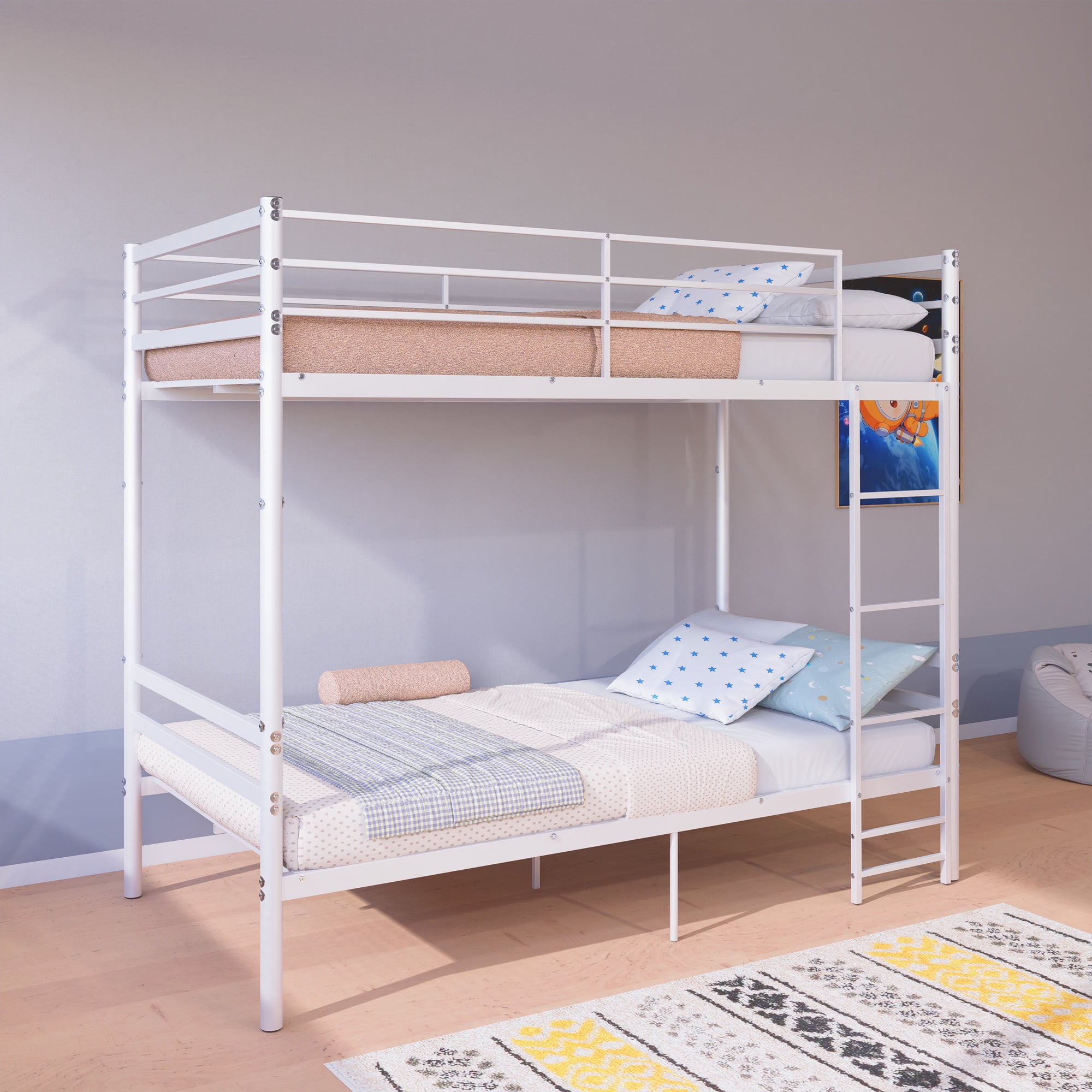 Leumius Bunk Bed Twin Over Twin for Boys Girls,Metal Twin Size Bed Frame with 13.7 Inch High Safety Guardrail & Sturdy Ladder,Converts to 2 Beds,White