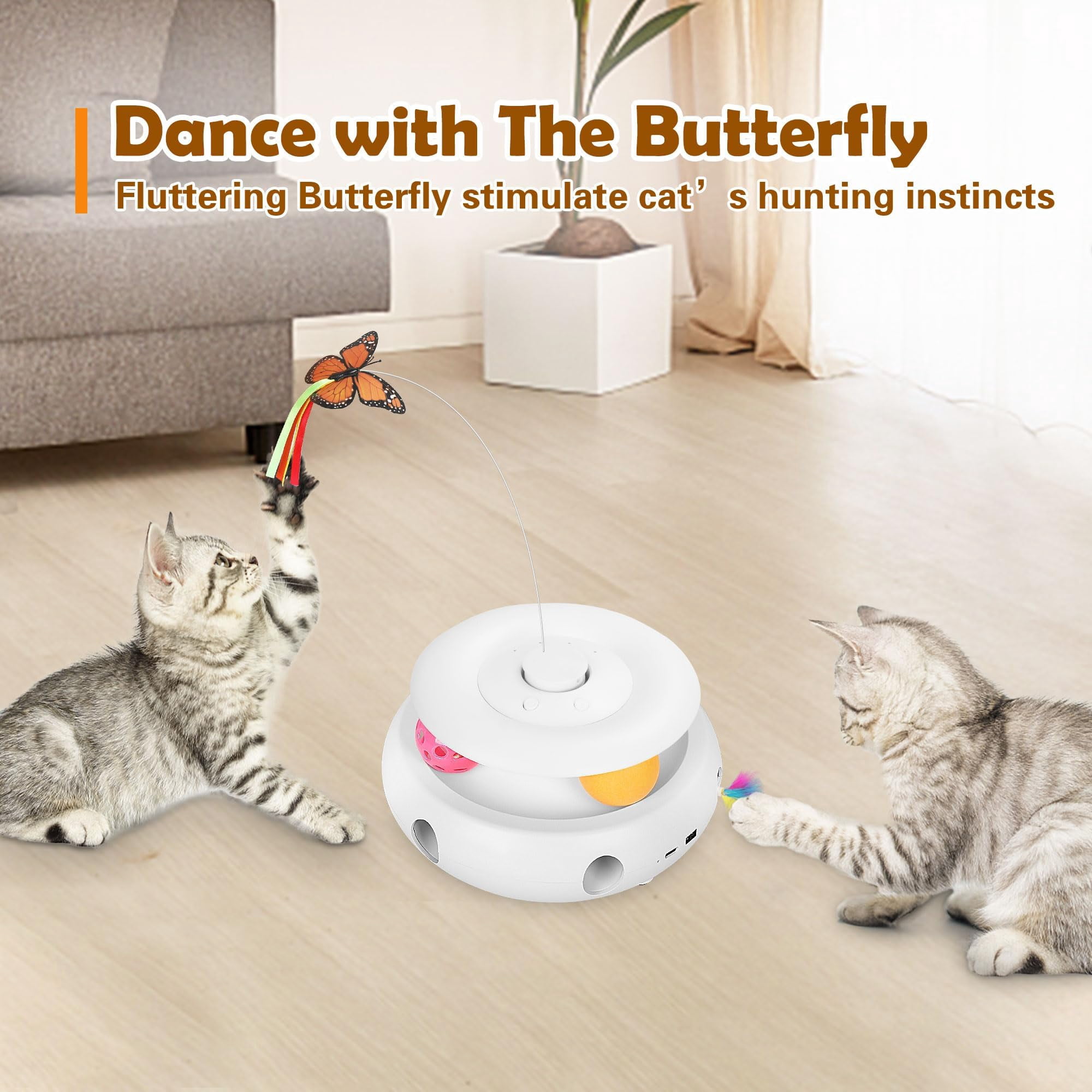 Cat Toys  3-in-1 Interactive For Indoor Cats Rechargeable Automatic Kitten With Fluttering Butterfly Moving Smart Sensor 6 Holes Whack-a-mole & Track Balls (white)