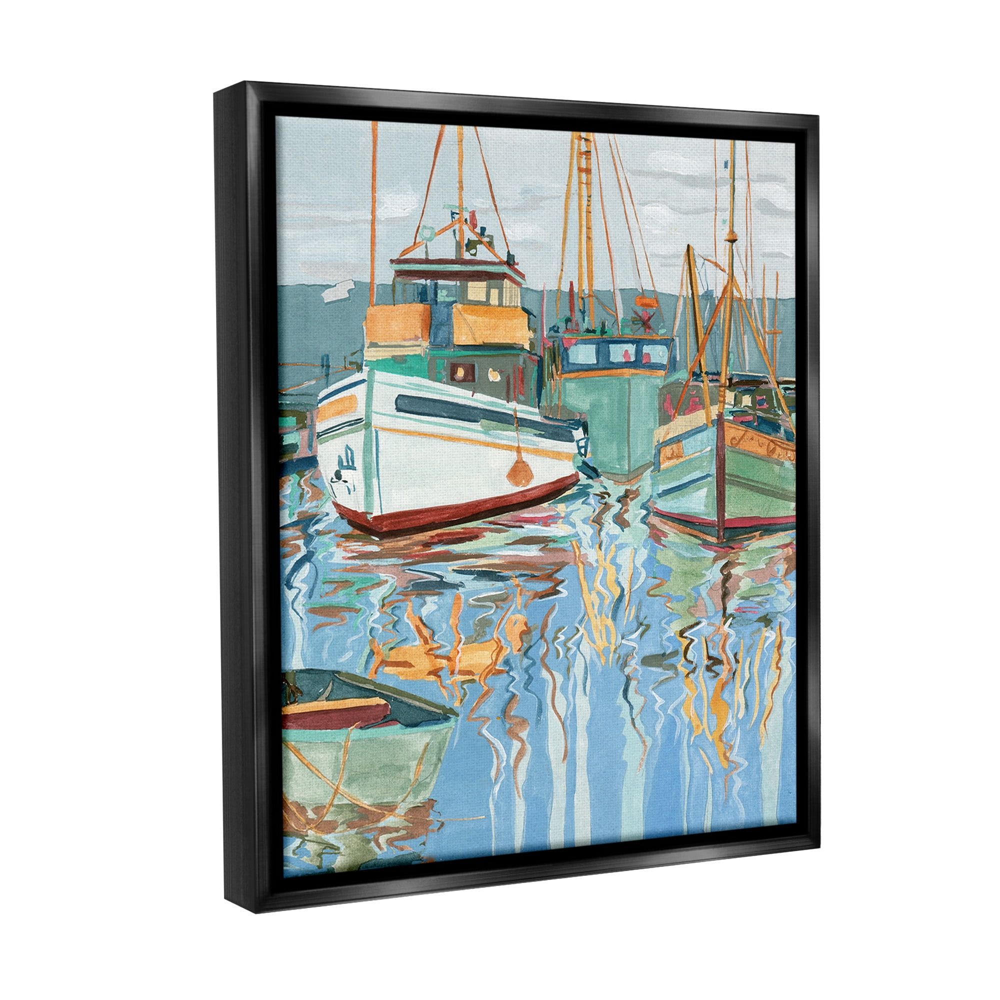 Stupell Industries Boat Harbor Reflections Transportation Painting Black Floater Framed Canvas Art Print Wall Art, 17 x 21