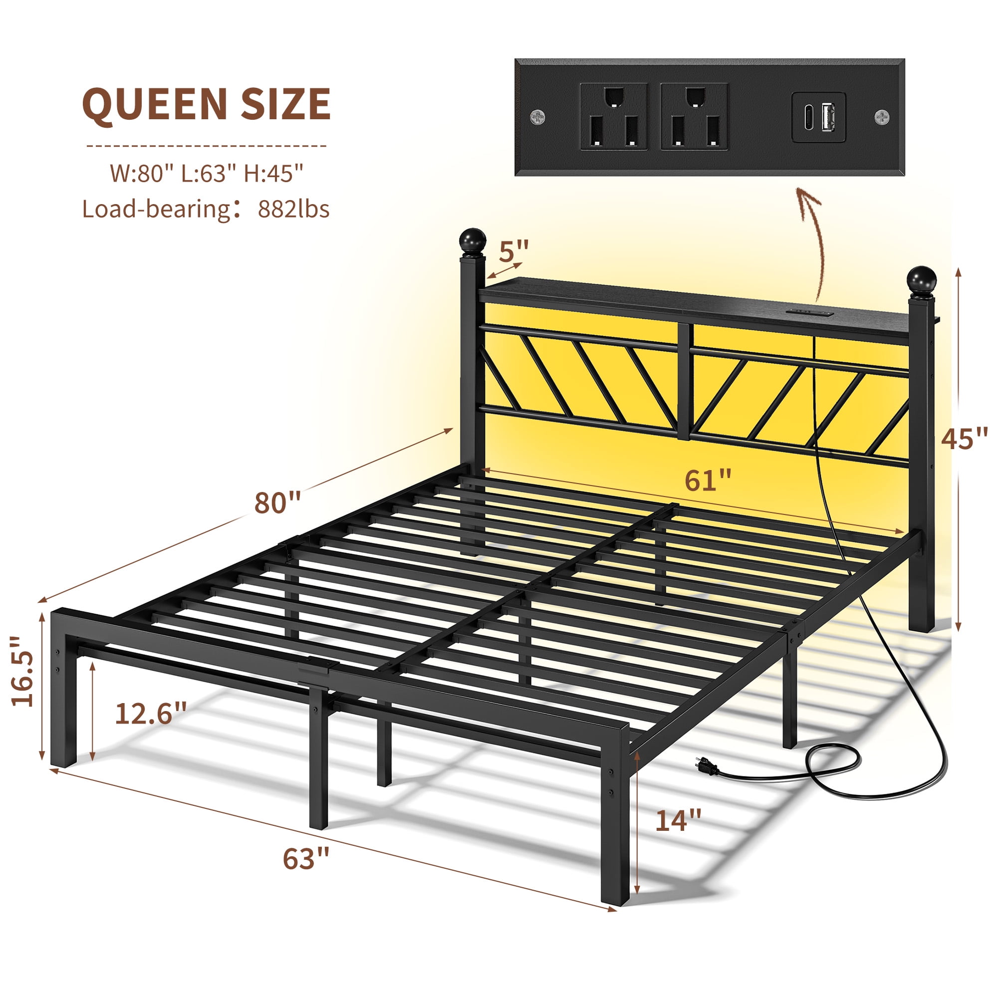 EnHomee Queen Size Metal Bed Frame with Headboard Metal Platform Bed Frame with Storage Platform Metal Bed Frame Queen with LED Lights, Noise Free, Black