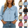 thumbnail image 2 of HongQid Women's Blouse Ruffle Peter Pan Collar Puff Long Sleeve Crinkle Ladies Lightweight Henley Loose Spring Summer Office Casual Clothes, 2 of 6