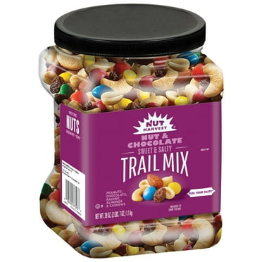 Nut Harvest Nut & Chocolate Trail Mix with Milk Chocolate, Almonds, Cashews, Peanuts, and Raisins, 39 Ounce Jar