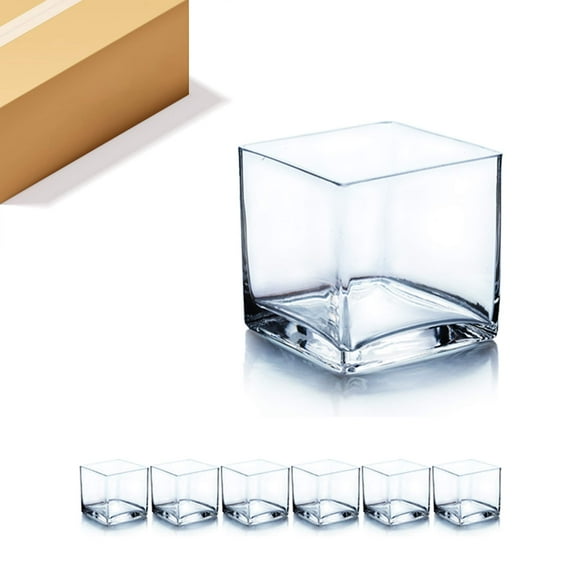 WGV Cube Glass Vase Bulk, Candle Holder, 4"x4"x4", Clear Elegant Floral Accent Container Planter Terrarium Storage for Wedding Party Ceremony Event Office Home Decor, 6 Pieces