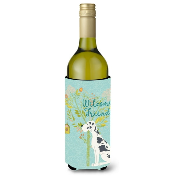 Carolines Treasures BB7590LITERK Welcome Friends Harlequin Great Dane Wine Bottle Beverge Insulator Hugger Wine Bottle