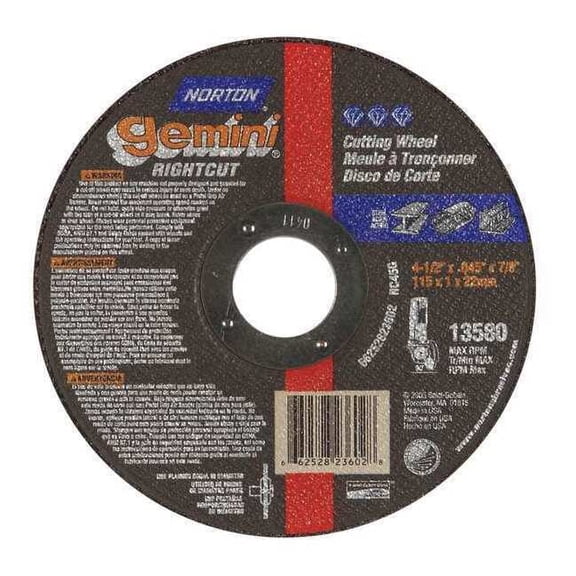 Norton Right Cut Cut-Off Wheel, Type 1, 5 in Dia, .045 in Thick, 36 Grit Alum. Oxide