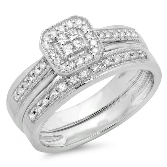 Dazzlingrock Collection 0.35 Carat (ctw) Sterling Silver Round & Princess Diamond Bridal Engagement Ring Set 1/3 CT, Size 6