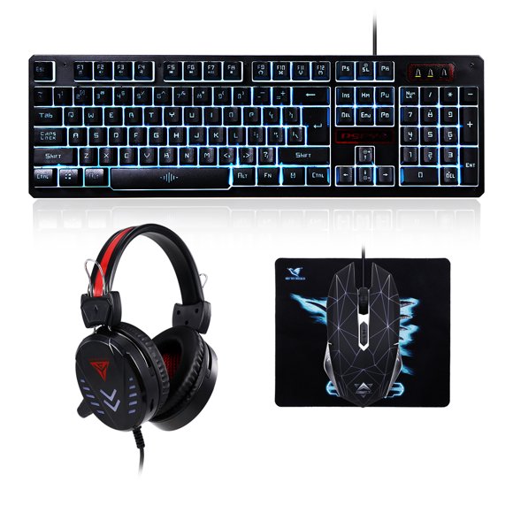 DSFY K59 Gaming Combo Set: Wired Backlit Keyboard, Mouse, and Headset for PC & Laptop - Black Edition with Ice Blue Lighting
