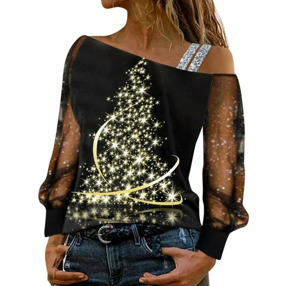 Fiaer Christmas Women Long T Shirts Sequin Mesh Tops Print Casual Splice off Shoulder Cold Loose Sleeve T-Shirt Shiny Tee Yellow XL