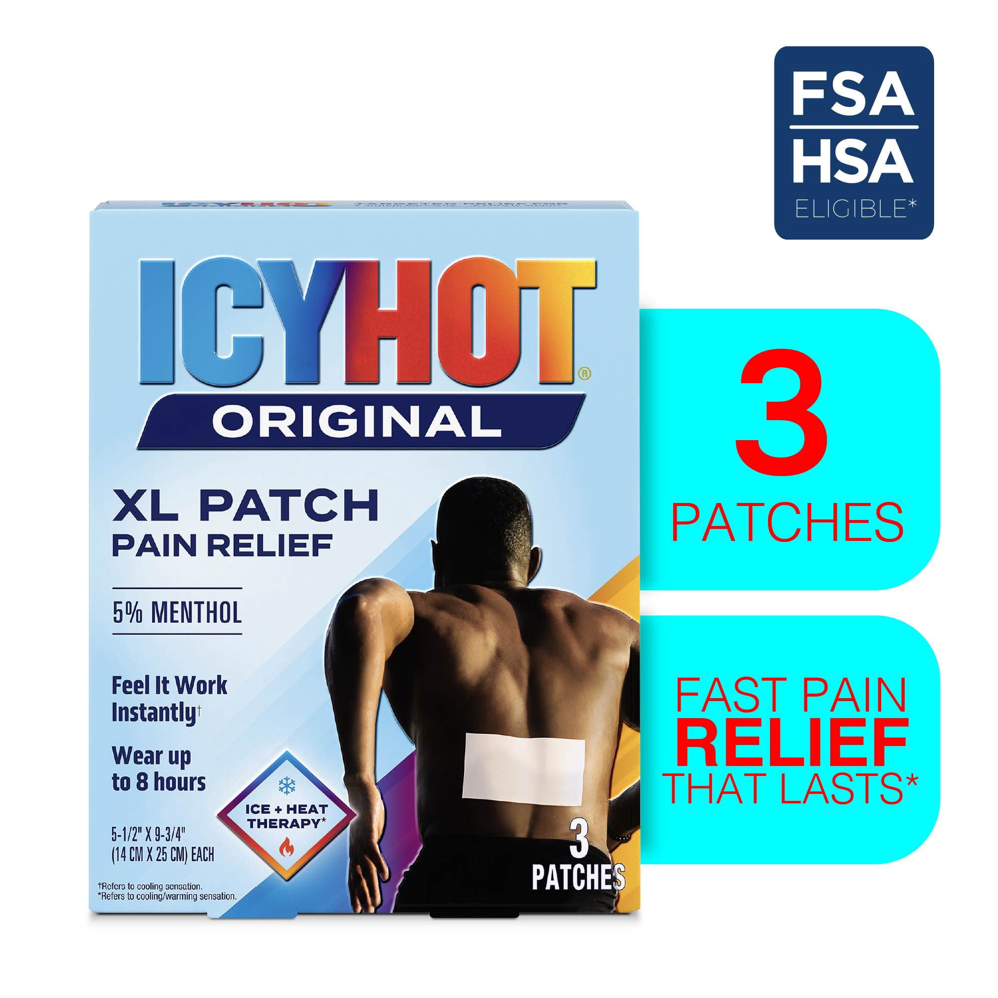 Icy Hot Original Pain Relief Patch, XL Size Comfortable Fabric Patches With Menthol 5%, Ice and Heat Contrast Therapy for Large Areas Including Backaches, Joints, Muscle Strains and Arthritis, 3 ct.