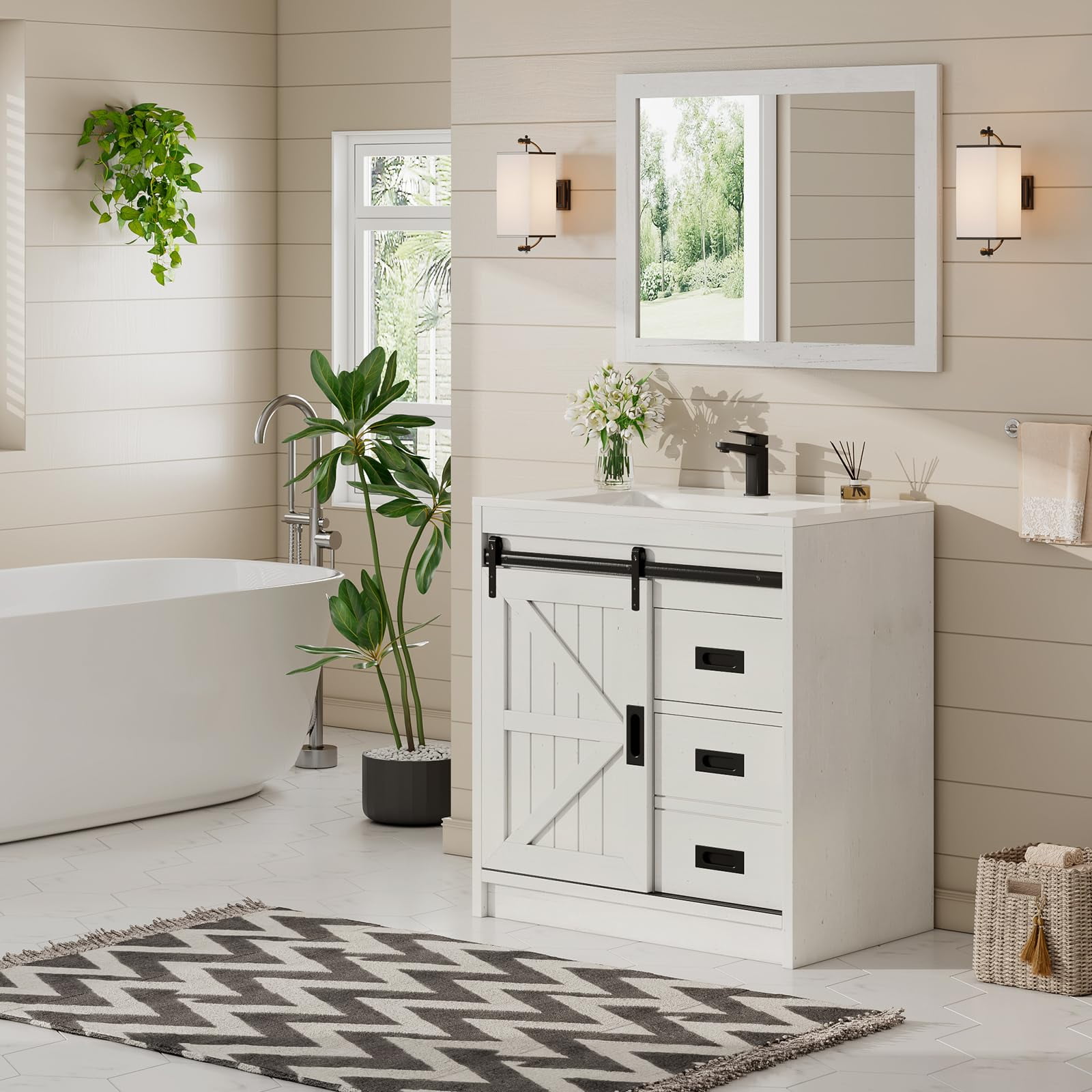 VanAcc 31" Farmhouse Sliding Barn Door Bathroom Vanity with Sink Combo, Bathroom Cabinet with Drawers & Metal Handles, Freestanding, Distressed White