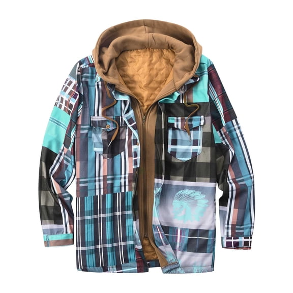 Holloyiver Men Zipper Casual Hooded Fake Two Loose Thicken Lattice Jacket Coats Light Blue