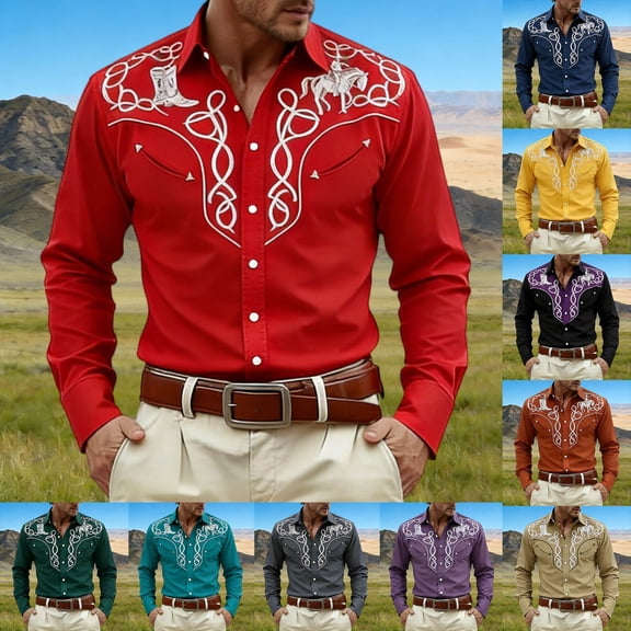 Mens Shirts Western Cowboys Printed Long Sleeve Button Lapel Top Casual Carnival Theme Classic Comfortable Shirt for Men Black L