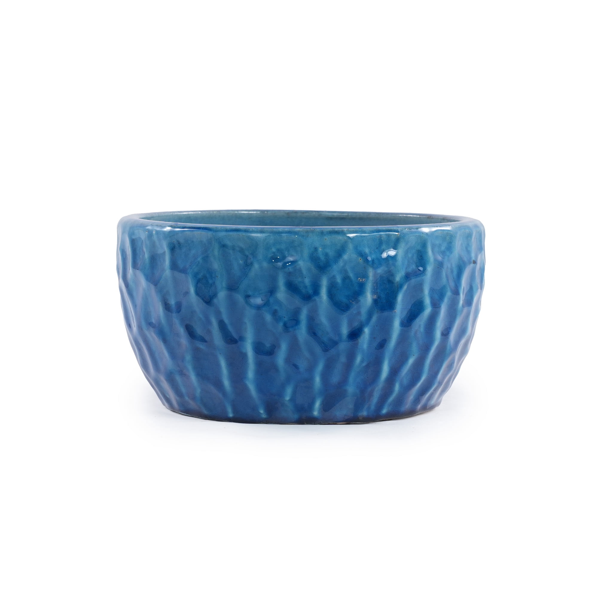 Leumius Set of 3 Handmade Ceramic Planter, 15"/12"/10" Diameter, Cobalt Blue Hammered Texture, for Succulents & Violets, Indoor/Outdoor Use on Windowsill & Bookshelf Blue