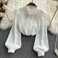 thumbnail image 3 of PIKADINGNIS Spring Vintage Jacquard Women Blouse Elegant Lantern Sleeve Beading Lapel Shirt Fashion Button Up Blouses Woman, 3 of 6