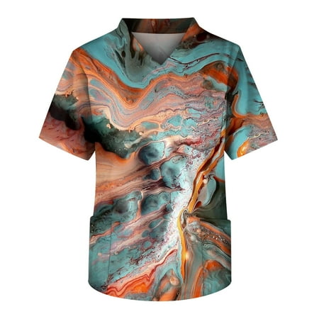 

HHei_K Plus Size Scrubs Men s Printing Short Sleeve V-neck Working Blouse Chest Pocket Carer Top