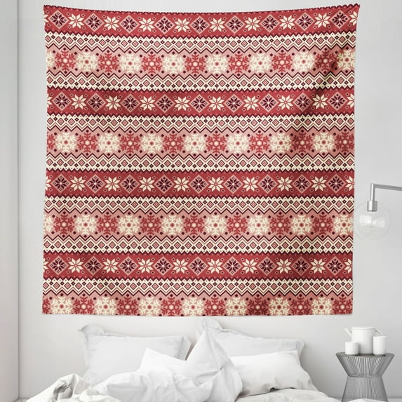 Nordic Tapestry, Ancestral Classic Scandinavian Geometric Pattern Christmas Snowflakes, Fabric Wall Hanging Decor for Bedroom Living Room Dorm, 5 Sizes, Dark Coral Blush White, by Ambesonne