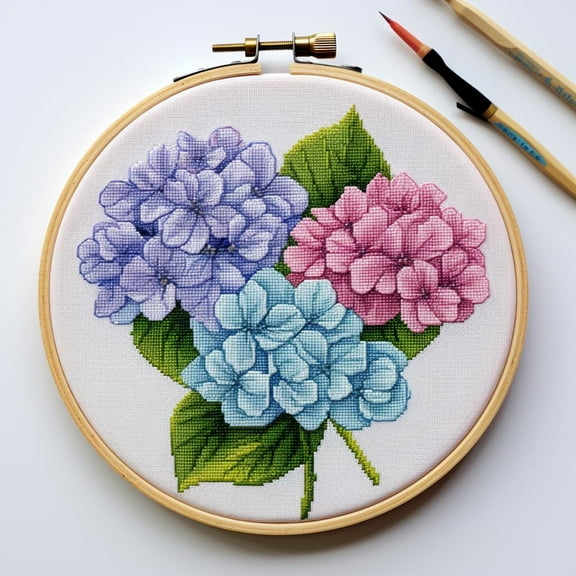 Colorful Hydrangea DIY Stamped Cross Stitch Kits for Beginners Easy with Hoop 11CT Needlepoint Embroidery Counted Cross Stitch Kits Art Craft Wall Decoration 35x35cm(4)