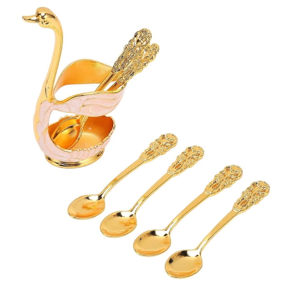6Pcs Aluminum Coffee Spoon Set with Swan Base Holder for Dessert Ice Cream Tea Spoon Set