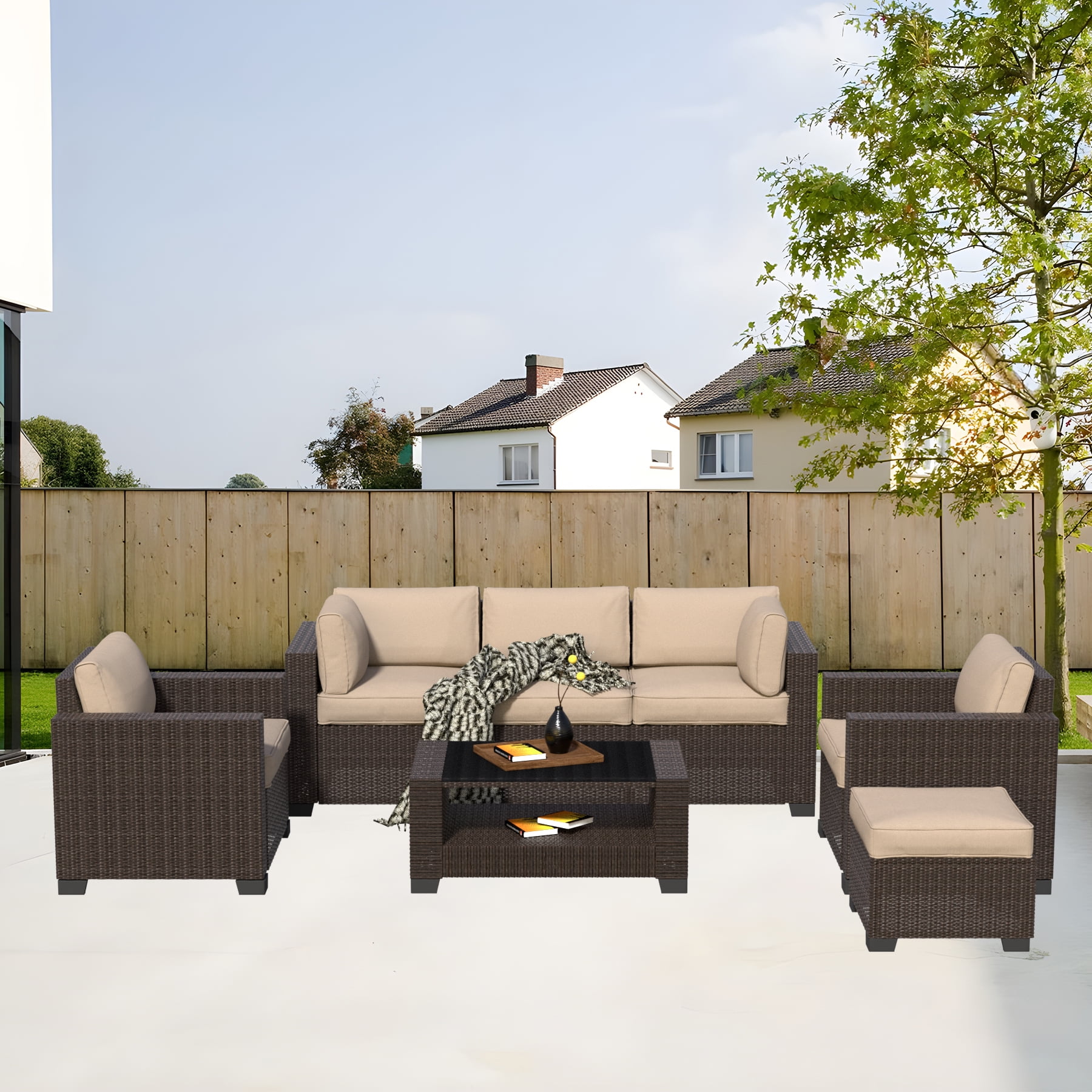 7-Piece Outdoor Sectional Patio Furniture Set, All-Weather Wicker Rattan Sofa with Thick Washable Cushions & Tempered Glass Table, Perfect for Garden, Poolside, Backyard (Beige)