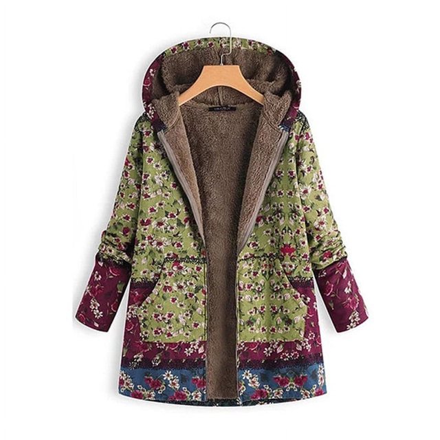 AMERTEER Women Winter Down Coat Printed Hooded Pockets Warm Fleece Floral Button Down Coat Jacket