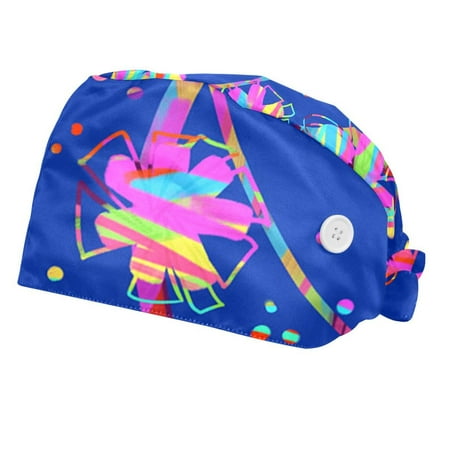 

2PCS Working Cap with Buttons and Sweatband Adjustable Tie Back Hats Bouffant Caps Flower Scrub Turban Hat