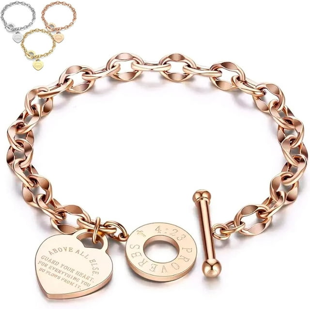 Pulseras Mujer, Pulseras de Corazon, Ajustable, Titanio Oro Acero Oro Rosa con CorazóN Colgante Love Bible Bracelet Woman, CorazóN Moda Accesorio para Navidad, Día de San Valentín