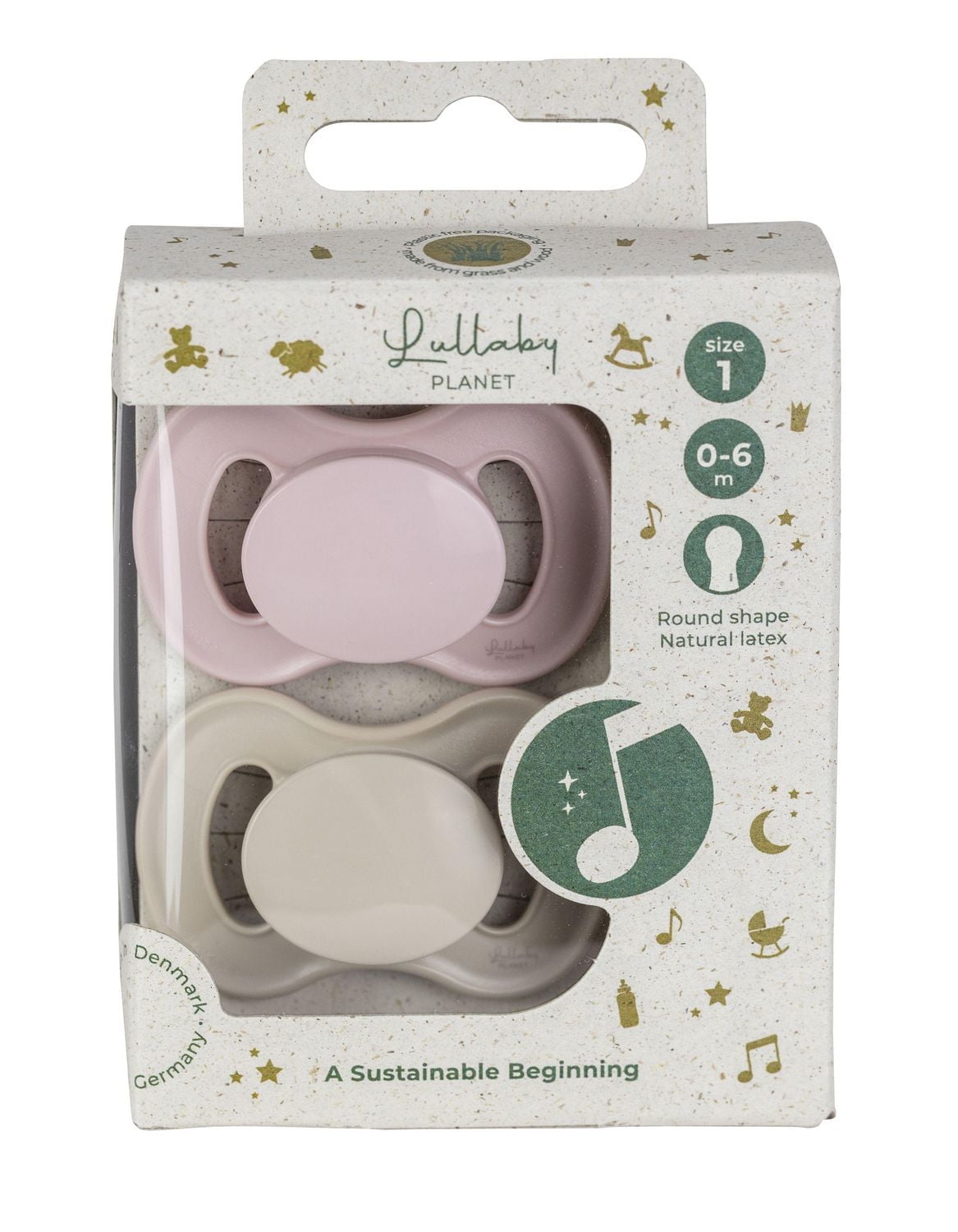 Lullaby Planet Pacifiers 2 Pack | Adorable Round Latex Design | Functional Fashionable & Comfortable Design | Rose Quartz & Beach Sand | 0-6 Months, Functional Fashionable & Comfortable Design