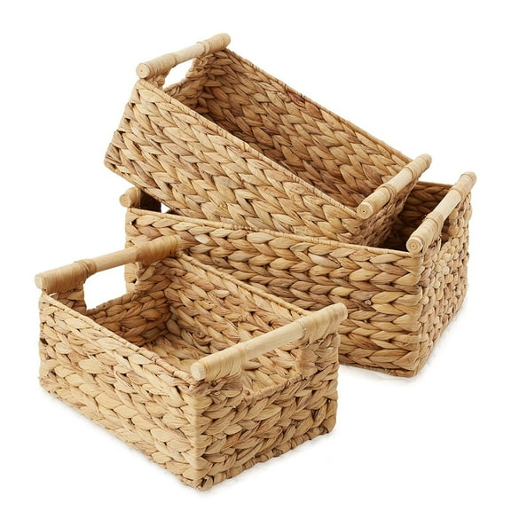 3-Piece Hyacinth Rectangular Storage Basket Set w/ Wood Handles, Natural Wicker
