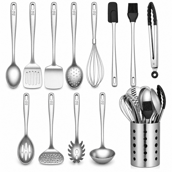 13 Piece Stainless Steel Kitchen Cooking Utensil Set with Holder