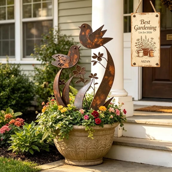 Bird & Wildflower Metal Garden Stake, Decorative Plant Stakes with Floral Design Handmade Flower Shaped Sculpture, Rustic Garden Art Decor Gift for for Flower Bed Planters Patio & Lawn Lovers(1PC)