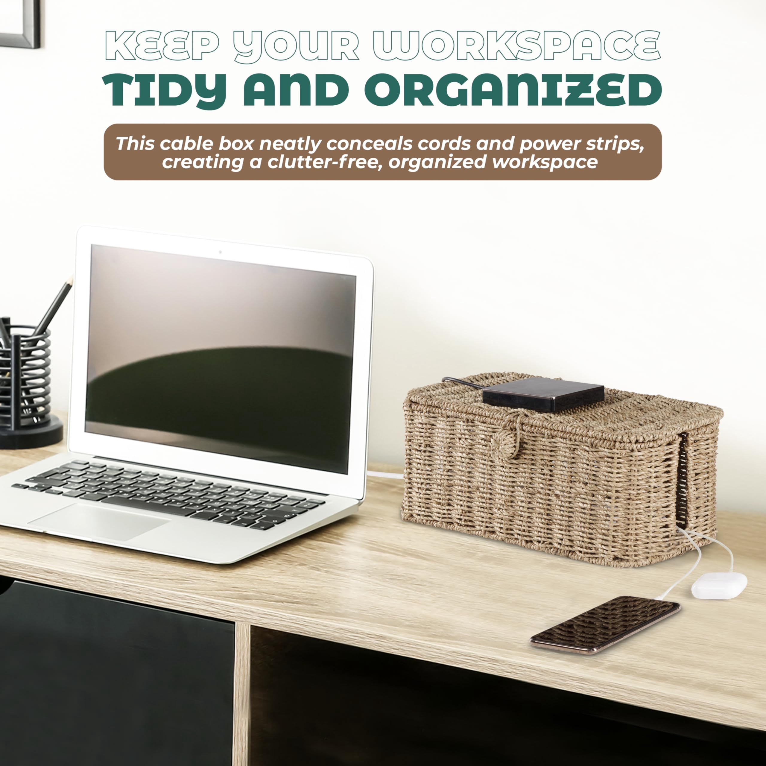 Large Cable Management Box  Rattan Cord Organizer Boxes For Power Strip - 2 Open Slots Cords Hider Tv Wires Computer Router Usb Hub And Under Desk