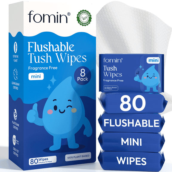 Fomin Mini Flushable Tush Wipes 8 Pack (10 Count) - Fragrance Free Travel Wet Wipes for Women - pH Balanced, Biodegradable Cleansing Wipes - Hypoallergenic, Plant-Based Tush wipes for Adults and Kids