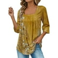 thumbnail image 5 of Uooqdmx Tunic Tops, Pleated Tops for Women, 3/4 Length Sleeve Womens Tops, Square Neck Tops for Women, Floral Tops for Women, Yellow XL, 5 of 7