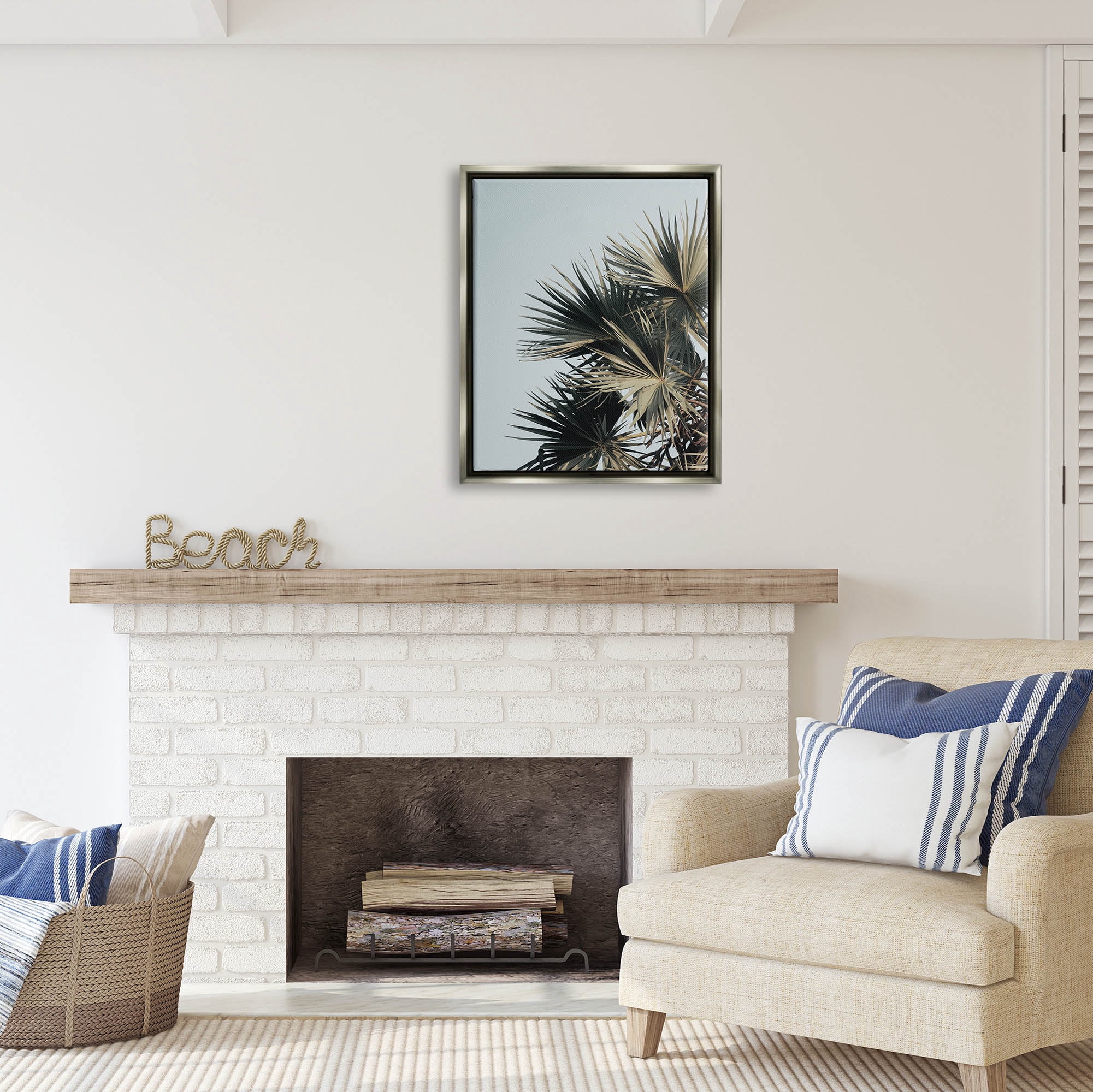 Stupell Industries Palm Plant Leaves Blue Sky Coastal Photography Gray Floater Framed Art Print Wall Art