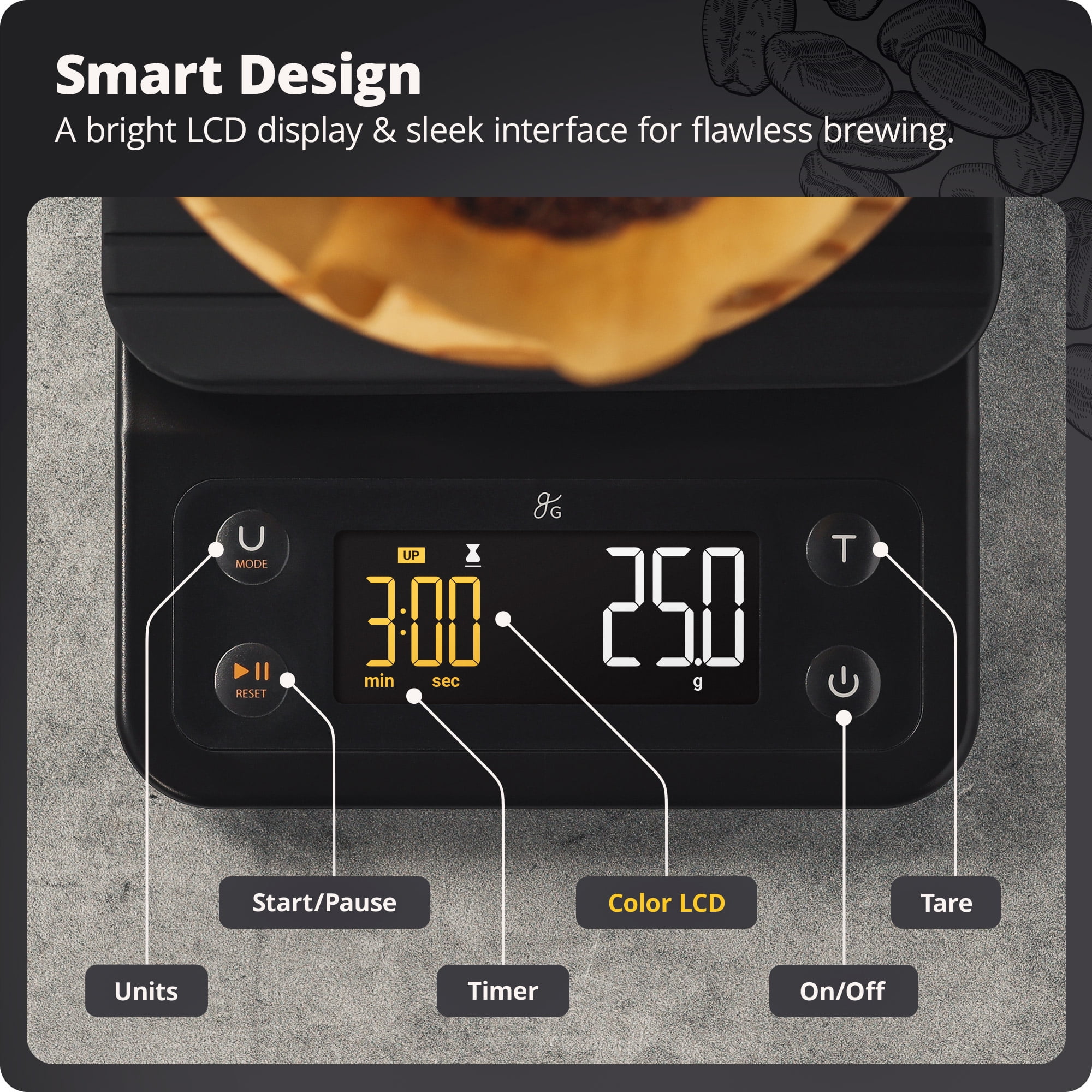 Greater Goods Coffee Scale with Timer, 0.1g Precision, 3kg Capacity, 6-Unit Digital Espresso & Pour-Over Scale, Silicone Waterproof Cover, Auto Shut-Off (Onyx Black)