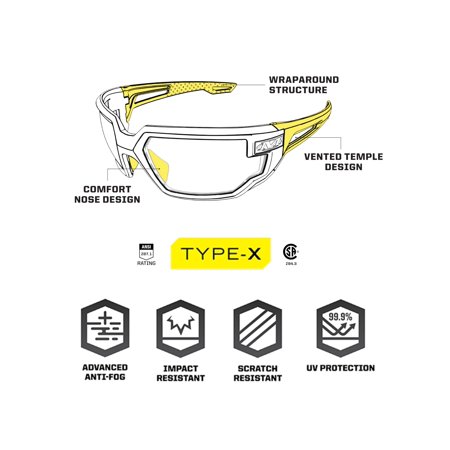 Mechanix Wear:Vision Type-X 安全メガネ 先進的な曇り止め 傷防止 ブラックフレーム メガネ保護メガネ 軽量 通気性 テンプ