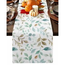 Fall Green Leaves Table Runner-Cotton Linen- 60 Inch Holiday Dresser Scarves, Autumn Light Brown Plant Tablerunner for Kitchen Coffee/Dining Bedroom Home Living Room Dinner Scarf Décor 13x60