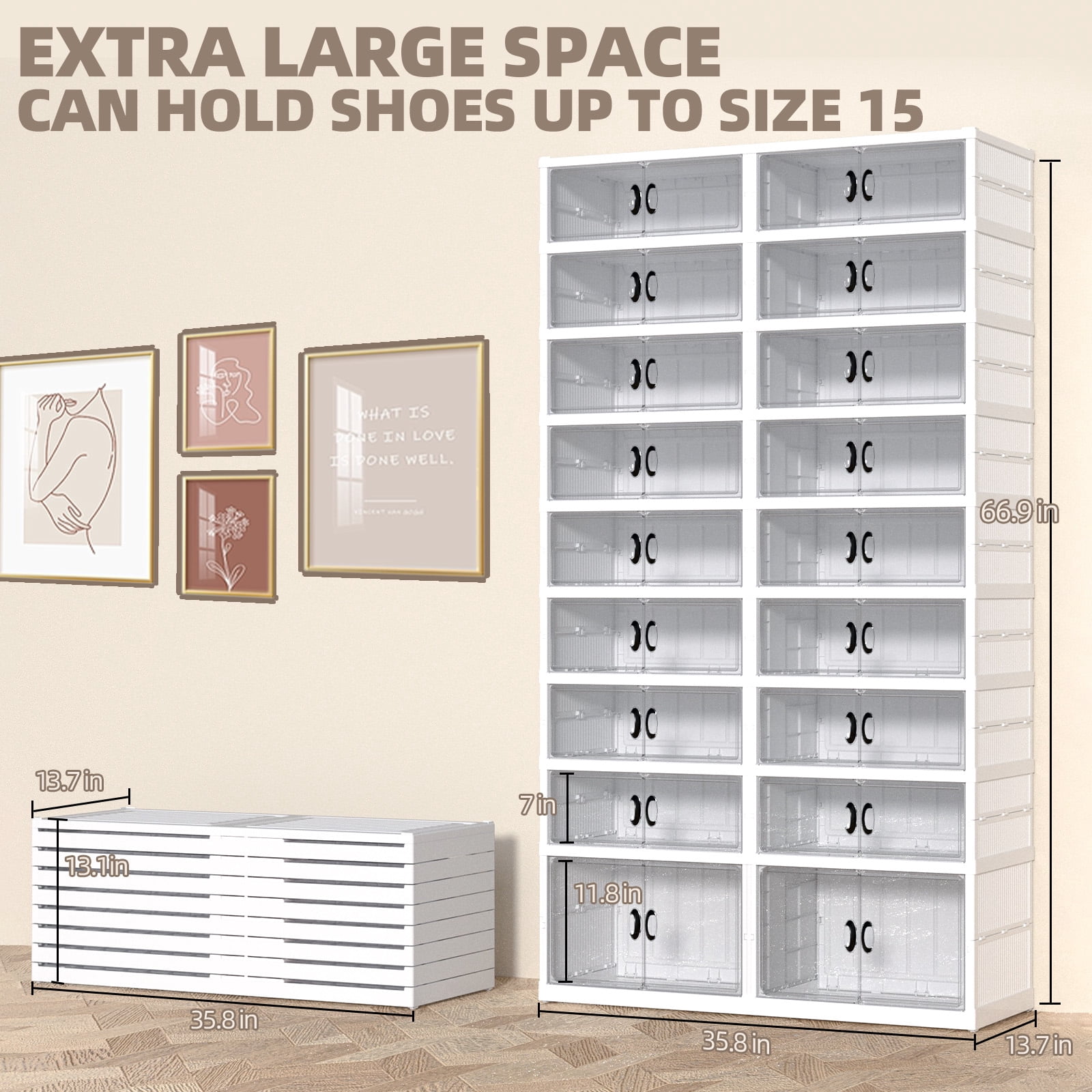 9 Tiers 2 Row Foldable Shoe Rack, Transparent Shoe Boxes with Magnetic Double Doors