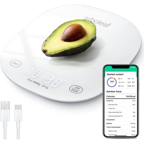 Arboleaf Smart Food Scale - Digital, USB Rechargeable, Bluetooth App, Waterproof - White